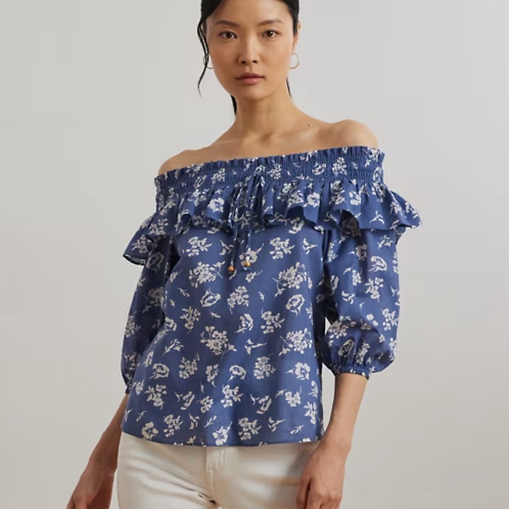 Ralph Lauren Blue Floral Off-Shoulder Blouse